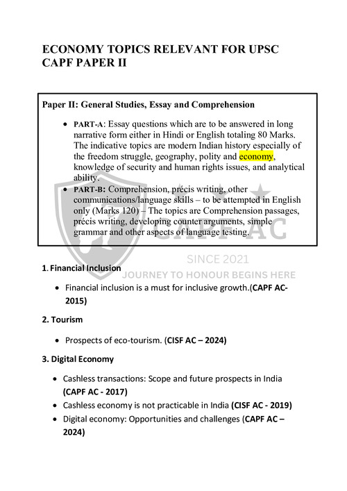 Economy Topics relevant for UPSC CAPF Paper 2