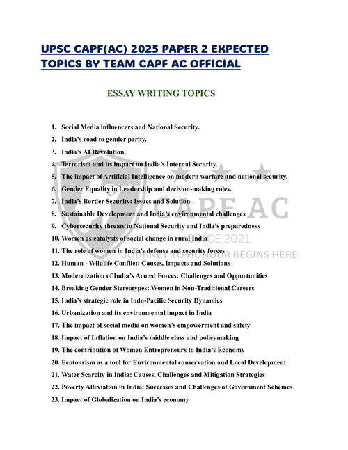 EXPECTED PAPER 2 TOPICS FOR UPSC CAPF 2025